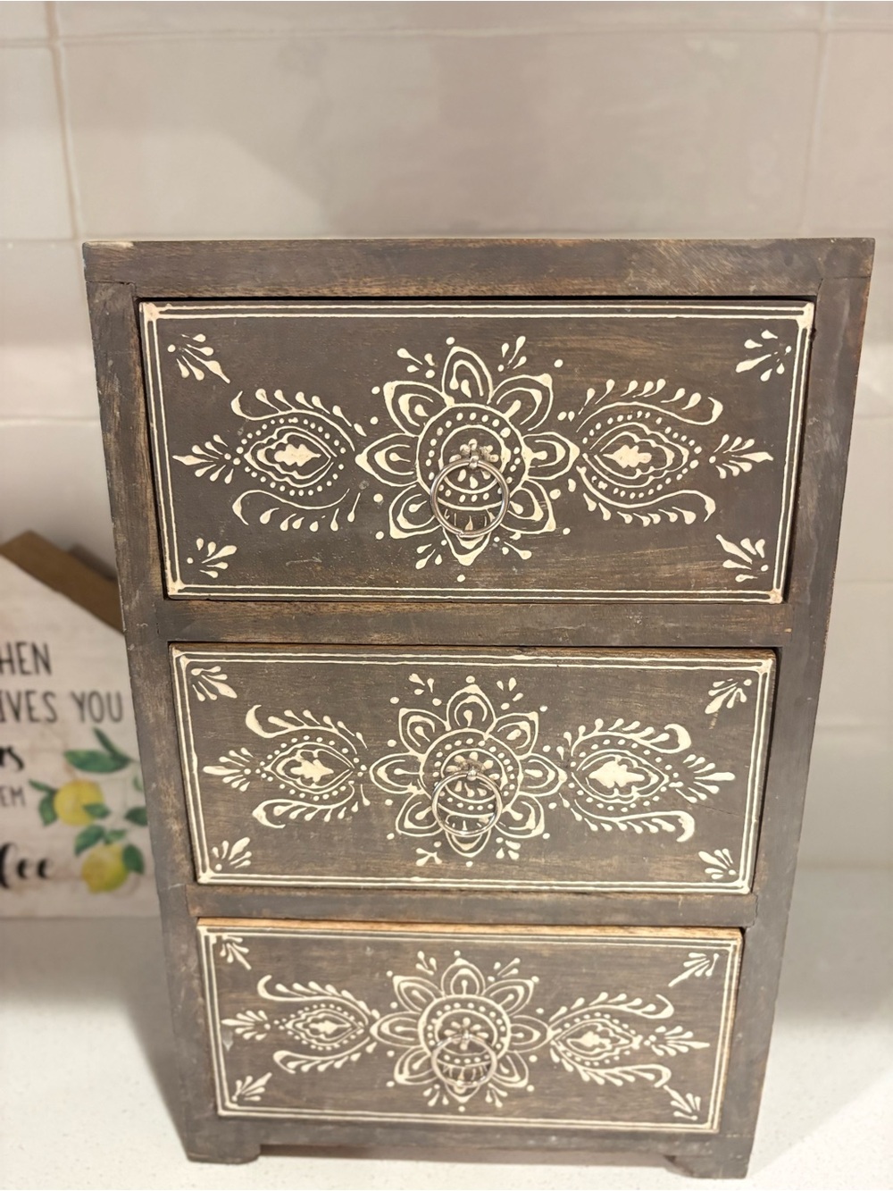 Hand Painted Boho Distressed Wooden 3 Drawer Mini Chest Organizer